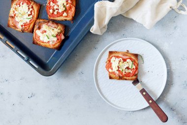 Kırmızı tost pişmiş domates, peynir ve otlar ile. Sabah kahvaltı. NET, ızgara, pişmiş ekmek.