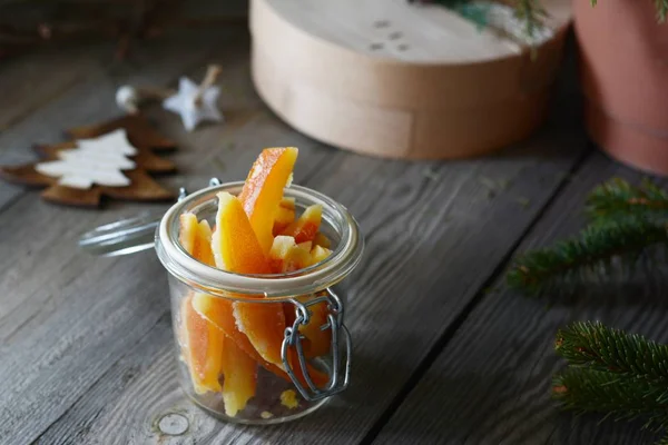 Fette Arancia Candite Barattolo Vetro Natale Belle Decorazioni Natalizie Sfondo — Foto Stock