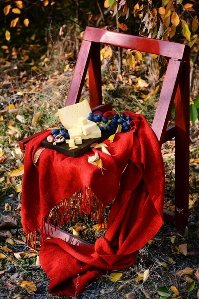 Outono Ainda Vida Uma Cadeira Jardim Com Comida Deliciosa Uma — Fotografia de Stock