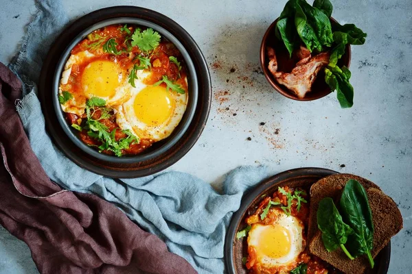 Tasty Shakshuka Fried Eggs Tomato Sauce Easter Brunch Eggs Poached — Stock Photo, Image