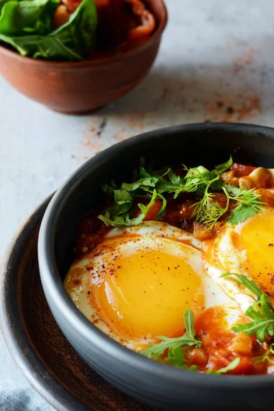 Tasty Shakshuka Fried Eggs Tomato Sauce Easter Brunch Eggs Poached — Stock Photo, Image