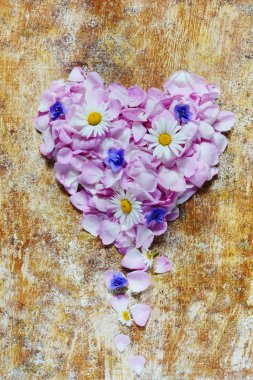 Pembe kalp kavramı Sevgililer günü için gül yaprakları,