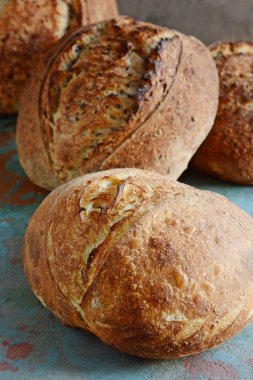 Gri-mavi arka plan, taze ev yapımı ekmek kepekli un üzerinde keten tohumu ile. Fransız ekmeği yuvarlak şekli. Ekmek pişirme. Mayasız ekmek