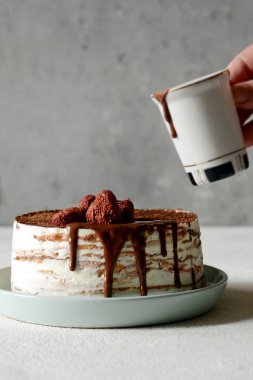 İnce krep kremalı, kakaolu, çikolatalı, dondurulmuş çilekli krep. Fransız kreplerinden lezzetli bir tatlı. İnce krepten yapılmış tiramisu keki..