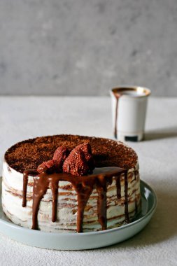 İnce krep kremalı, kakaolu, çikolatalı, dondurulmuş çilekli krep. Fransız kreplerinden lezzetli bir tatlı. İnce krepten yapılmış tiramisu keki..