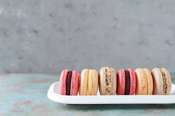 French assorted macarons cakes on a rectangular dish on a gray background. Colorful Small French cakes. Top View.