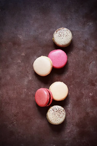 French assorted macarons cakes on a rectangular dish on a gray background. Colorful Small French cakes. Top View.