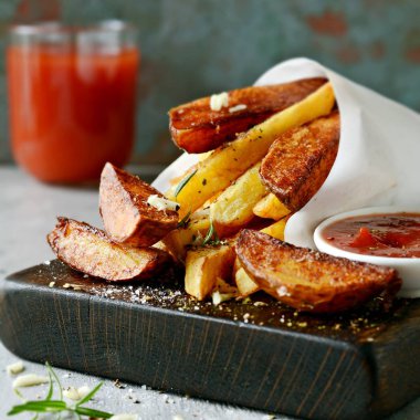 Patates yemekleri . Baharatlı ve tuzlu fırında patates. Ketçap ve domates suyu ile kesme tahtası üzerinde lezzetli patates kızartması.