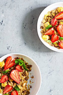 Beyaz bir tabakta fındıklı, kurutulmuş meyveli gevrek, taze çilek, nane ve yoğurt (mayalanmış süt). Sağlıklı kahvaltı kavramı.