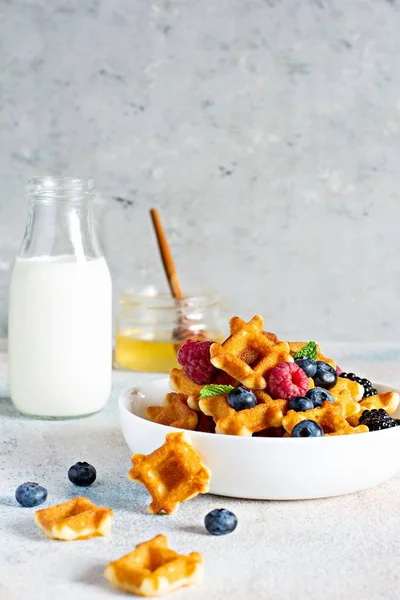 Tiny Mini Waffles Waffles Milk Breakfast Berries White Bowl Light — Stock Photo, Image