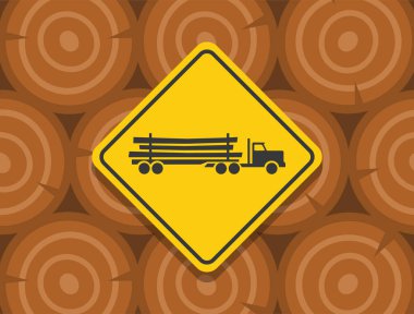 Güvenli sürüş ipuçları ve trafik kuralları. Ağaç kesme kamyonlarına dikkat et. Kereste arka planında sarı uyarı işareti var. Düz vektör resimleme şablonu.