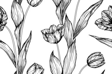 Sorunsuz Tulip çiçek desen arka plan. Line art resim çizim ile siyah ve beyaz.