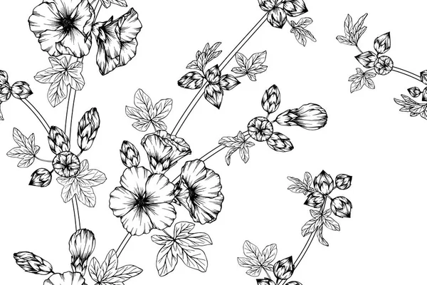 Seamless Hollyhock Flower Pattern Background Black White Drawing Line Art — Stock Vector