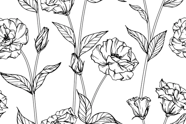 Sorunsuz Lisianthus Çiçek Desen Arka Plan Line Art Resim Çizim — Stok Vektör