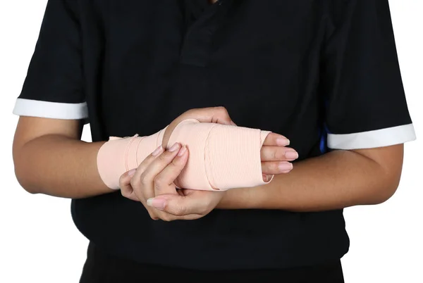 Шина Рук Значок Руки Марлевий Бинт Пацієнта Травмою Рук Азіатської — стокове фото