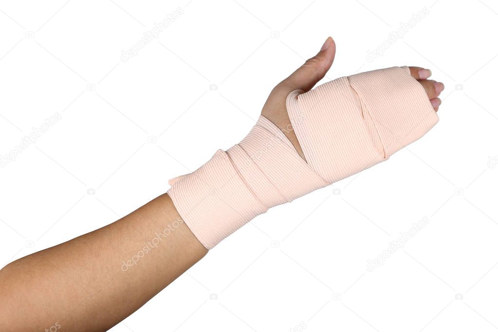 Arm splint, hand bandage, gauze bandage patient with Asian girl hand wrap injury isolated on white background.