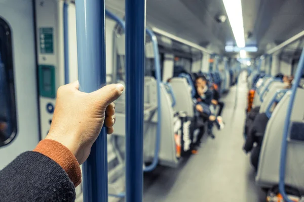 Closeup Asian Man Hand Holding Handrail Pole Train Public Transportation — Stock Photo, Image