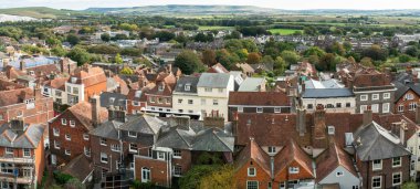 England landscape panorama of Lewes Castle, East Sussex county town in topview. The old vintage historical for visit, travel, learn and sightseeing. clipart