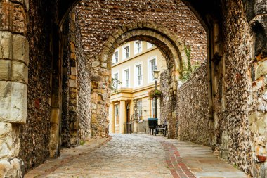 The entrance and walkway outside of the Lewes Castle & Gardens, East Sussex county town. The old vintage historical for visitor, traveler. clipart