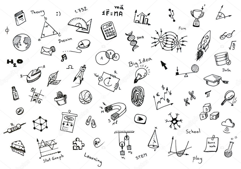 Doodle set of school related items, school equipment and learning tools on white notebook with spiral bound notebook for background.