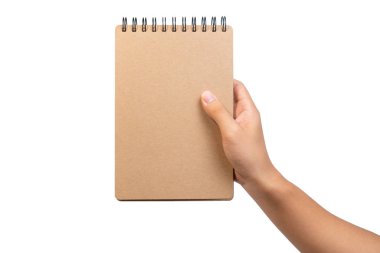 Açık kahverengi, boş, halka ilmikli defteri kapat. Boş kablo-o kahverengi defter. İş için iki el, yazmak ve not tutmak için eğitim..