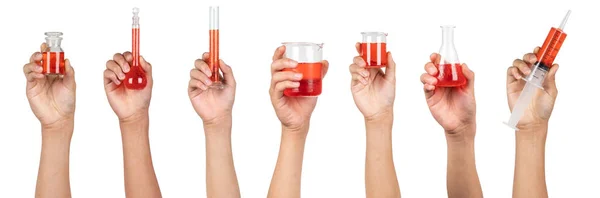 Laboratory glassware with red water liquid holding on asian boy — ストック写真