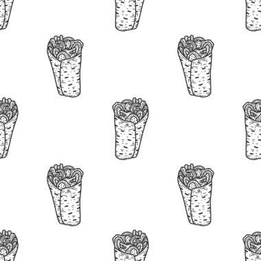 Kebap desenli arka plan. Burrito desenli arka plan. Shawarma desenli arka plan. Yuvarlanmış Sandviç çizim kalıbı.