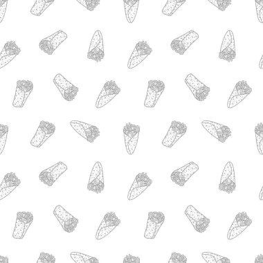 Kebap desenli arka plan. Burrito desenli arka plan. Shawarma desenli arka plan. Yuvarlanmış Sandviç çizim kalıbı.