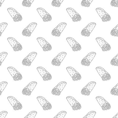 Kebap desenli arka plan. Burrito desenli arka plan. Shawarma desenli arka plan. Yuvarlanmış Sandviç çizim kalıbı.