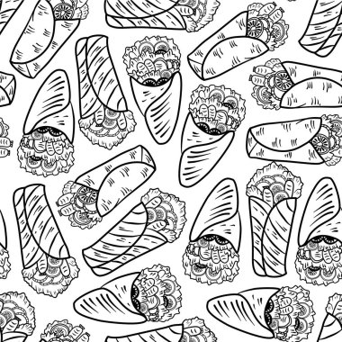 Kebap desenli arka plan. Burrito desenli arka plan. Shawarma desenli arka plan. Yuvarlanmış Sandviç çizim kalıbı.