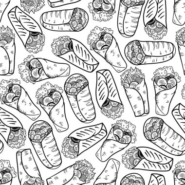 Kebap desenli arka plan. Burrito desenli arka plan. Shawarma desenli arka plan. Yuvarlanmış Sandviç çizim kalıbı.