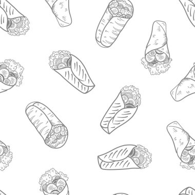 Kebap desenli arka plan. Burrito desenli arka plan. Shawarma desenli arka plan. Yuvarlanmış Sandviç çizim kalıbı.