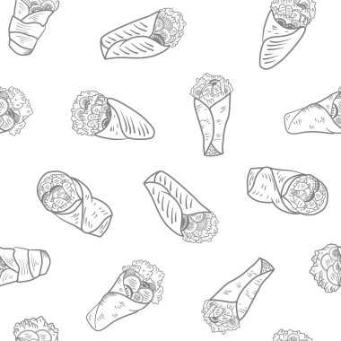 Kebap desenli arka plan. Burrito desenli arka plan. Shawarma desenli arka plan. Yuvarlanmış Sandviç çizim kalıbı.