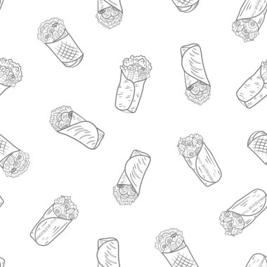 Kebap desenli arka plan. Burrito desenli arka plan. Shawarma desenli arka plan. Yuvarlanmış Sandviç çizim kalıbı.