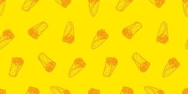 Kebap desenli arka plan. Burrito desenli arka plan. Shawarma desenli arka plan. Yuvarlanmış Sandviç çizim kalıbı.
