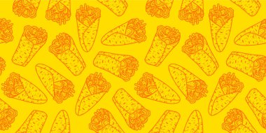 Kebap desenli arka plan. Burrito desenli arka plan. Shawarma desenli arka plan. Yuvarlanmış Sandviç çizim kalıbı.