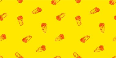 Kebap desenli arka plan. Burrito desenli arka plan. Shawarma desenli arka plan. Yuvarlanmış Sandviç çizim kalıbı.