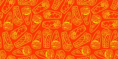 Kebap desenli arka plan. Burrito desenli arka plan. Shawarma desenli arka plan. Yuvarlanmış Sandviç çizim kalıbı.