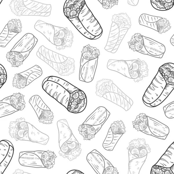 Kebap desenli arka plan. Burrito desenli arka plan. Shawarma desenli arka plan. Yuvarlanmış Sandviç çizim kalıbı.