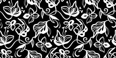 Basit, el çizimi, siyah-beyaz, çiçek desenli. Moda kolaj modeli. Kumaş tasarımı için modaya uygun şablon.