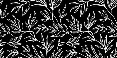 Basit siyah-beyaz el yapımı soyut yaprak motifi. Moda kolaj modeli. Kumaş tasarımı için modaya uygun şablon.
