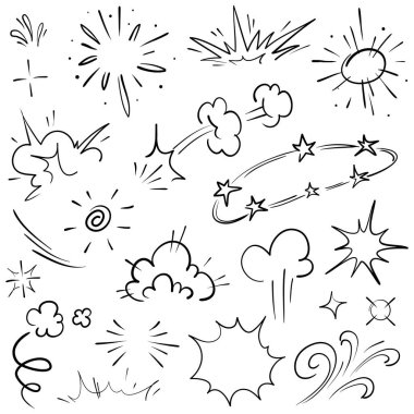 El çizimi karikatür ifadeleri karalama, eğri yön okları, ifade efektleri tasarım elemanları, çizgi film karakteri duygu sembolleri, sevimli dekoratif fırça darbeleri..