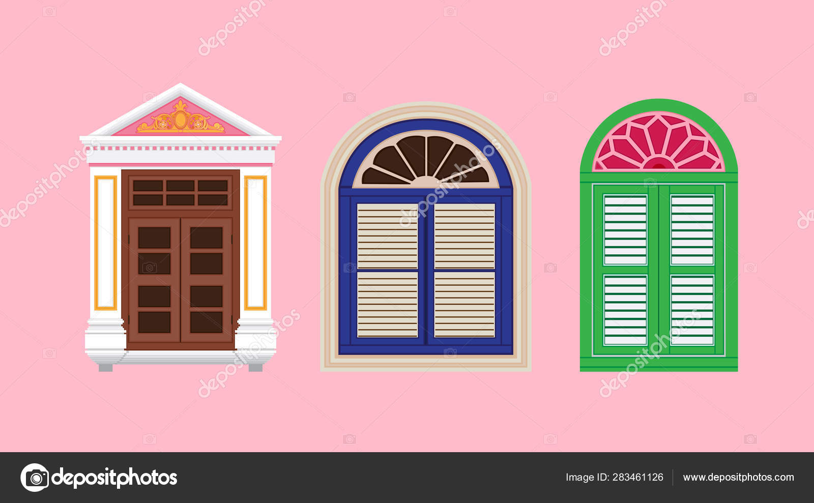 Classic Doors Windows Set Chinese Home Styles Vector Illustration