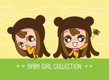 Merhaba Bebek kız koleksiyonu, Sevimli Bir Karikatür Kız Vektör illüstrasyon.