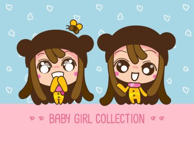 Merhaba Bebek kız koleksiyonu, Sevimli Bir Karikatür Kız Vektör illüstrasyon.