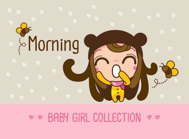 Morning Baby kız koleksiyonu, sevimli bir Karikatür Kız Vektör illüstrasyon.