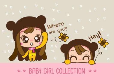 Merhaba Bebek kız koleksiyonu, Sevimli Bir Karikatür Kız Vektör illüstrasyon.