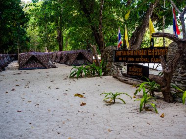 Surin Adası'nda plajda çadır kurulumu, Tayland : Mart 2019.