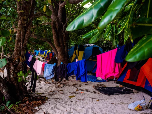 Surin Adası'nda plajda çadır kurulumu, Tayland : Mart 2019.