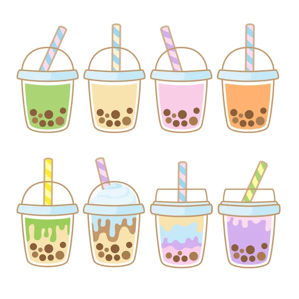 Bubble Tea Flavors Cup Design Collection Pearl Milk Tea Deliciosas — Vector de stock